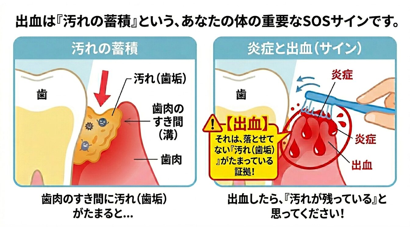 フロスで出血する原因 歯垢蓄積から歯周病の炎症メカニズム図解