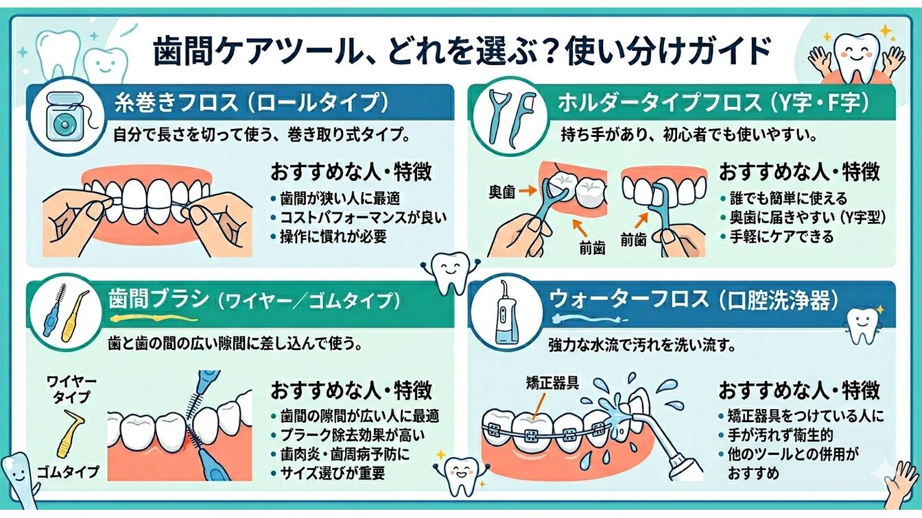 フロス・歯間ブラシ・ウォーターフロス 4種類の使い分けガイド 歯科医解説