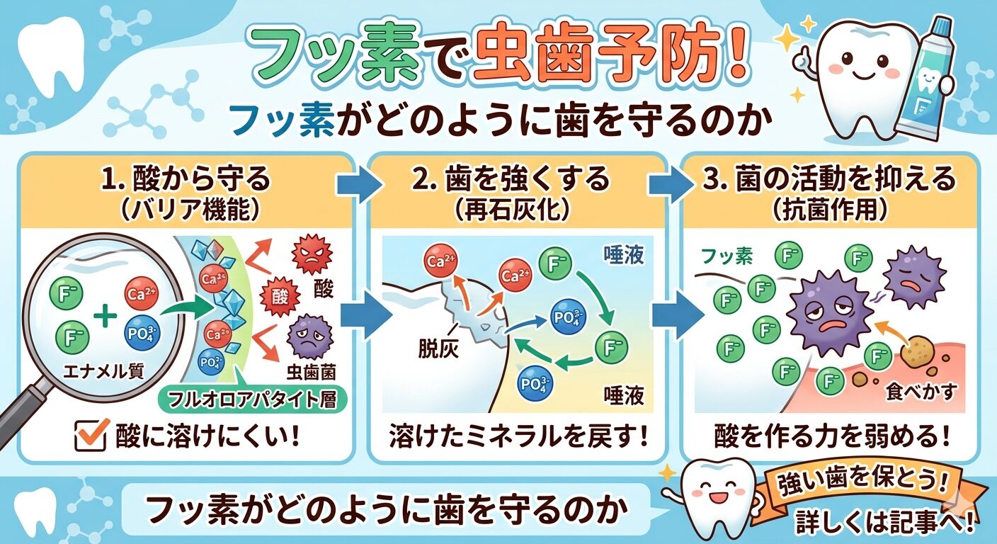 フッ素がどのように歯を守るのか:酸から守る・歯を強くする・菌の活動を抑えるの3つのメカニズム図解